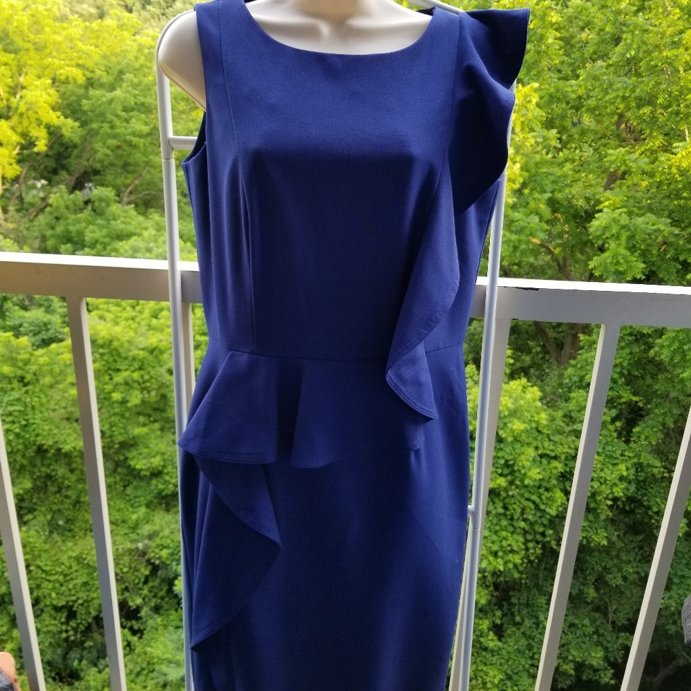 Calvin Klein Assymetrical Ruffel Blue Sheath Dress